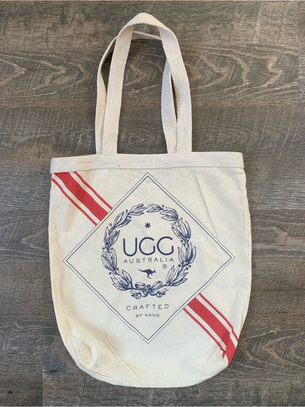 UGG Cream Canvas Reusable Tote with Red Stripe Accents